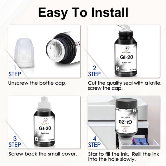 GI 20 Ink Bottle Compatible with Canon GI-20 GI20 Ink Refill Bottles for Canon PIXMA G6020 G5020 MegaTank Printers 4 Pack (170ML Black Ink Bottle , 70ML Color Ink Bottle )