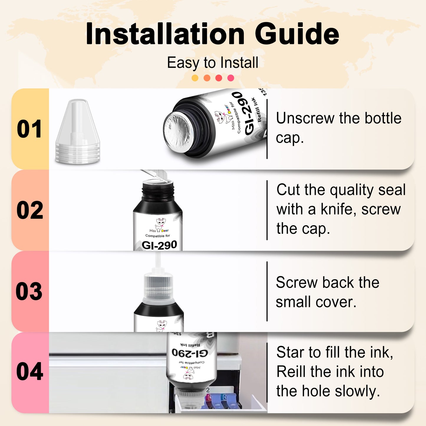 GI-290 Ink Refill Bottles Compatible for Canon GI-290 Ink Bottle Work with Canon PIXMA G2200 G3200 G1200 G4200 4210 Printer