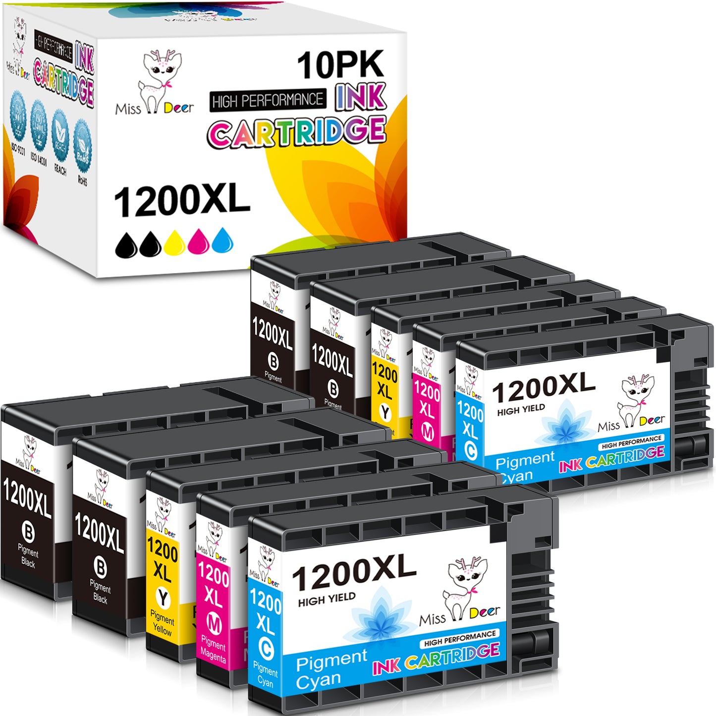 10-Pack PGI 1200XL Ink Cartridges Compatible for Canon PGI-1200XL PGI-1200 XL Ink Cartridges for MB2720 MB2320 MB2120 MB2350 MB2050 MB2020 Printer (4 Black, 2Cyan, 2Magenta, 2Yellow)