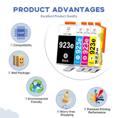 923xl 923e Ink cartridges for Printers compatible for 923 E Ink cartridges Combo Pack for officejet pro 8125e 8135e 81030e 8138e 8139e 8122e Printers(4 Pack 923 XL Ink with Chip)