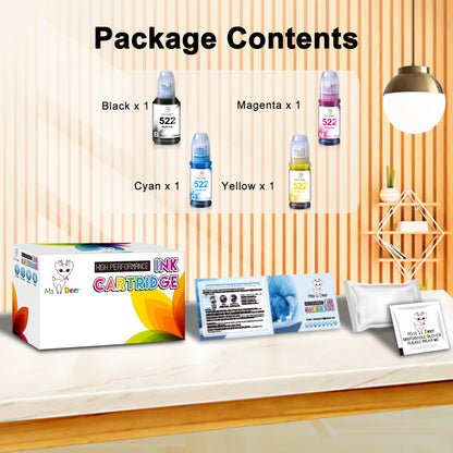 T522 522 Ink Bottle Compatible with Epson T522 Ink Refill Bottles for EcoTank ET-2720 4700 2800 Printer, 4 Pack (140ML Black Ink , 70ML Color Ink )