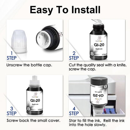 GI 20 Ink Bottle Compatible with Canon GI-20 GI20 Ink Refill Bottles for Canon PIXMA G6020 G5020 MegaTank Printers 4 Pack (170ML Black Ink Bottle , 70ML Color Ink Bottle )