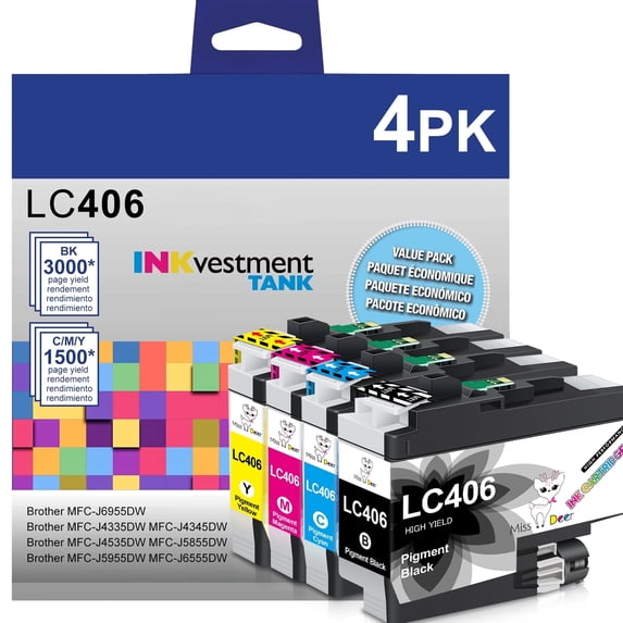LC406 Ink Cartridges Compatible for Brother LC406 Ink Cartridge for MFC-J4335DW MFC-J4535DW Printer (4 Pack, Black Yellow Magenta Cyan)